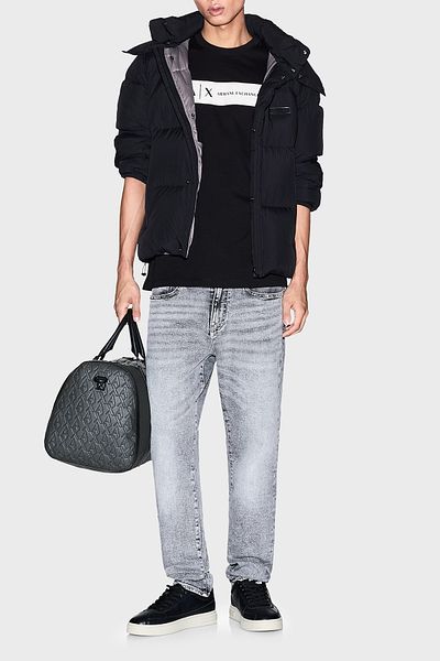 Armani Exchange Tricou cu logo imprimat din bumbac, cu croiala normală, cu gâtul rotund, pentru bărbați, XM001425 AF1036