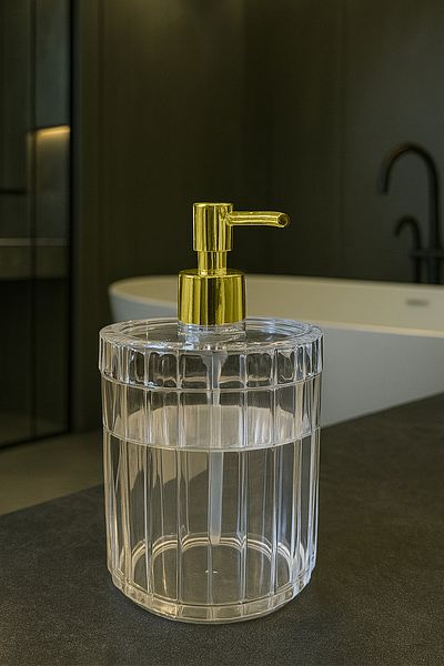 DOVİHOME 700 мл XL райета шарка прозрачен плот за баня златен дозатор за течен сапун с помпа дозатор за баня и кухня