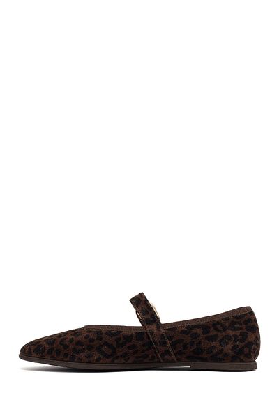 Derimod Women's Brown Leopard Patterned Buckle Suede Leather Ballerinas 25Afd201510