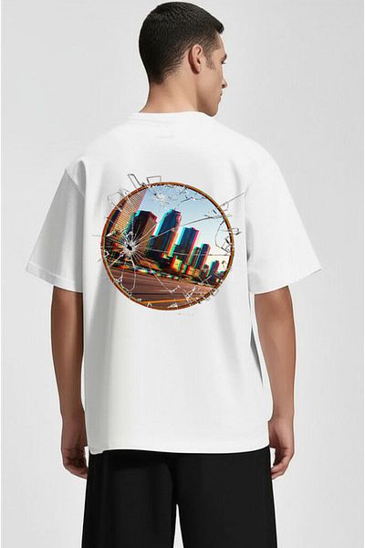 NEVERMIND Unisex Oversize T-Shirt – Broken Glass Print with Front Text and Back City View