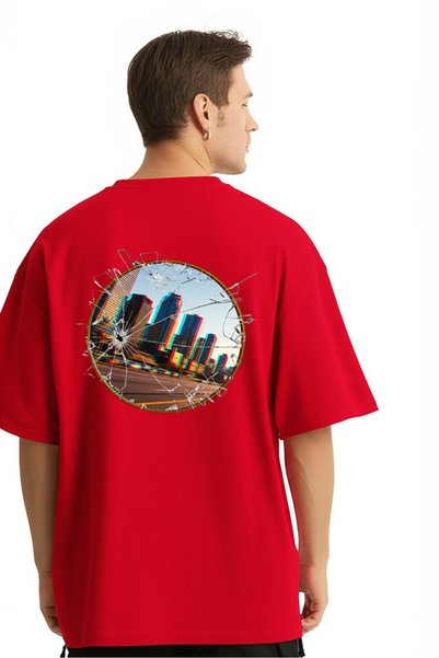 NEVERMIND Unisex Oversize T-Shirt - Front Text and Back City View Broken Glass Print Red