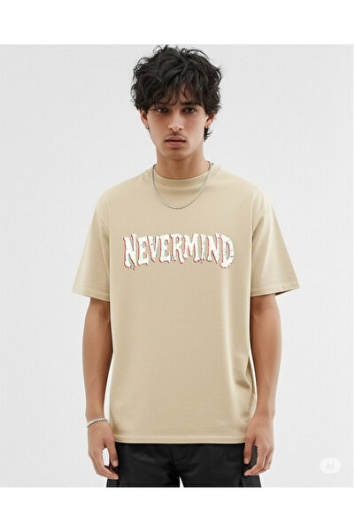 NEVERMIND Tricou unisex supradimensionat – Text în față și imprimare pe sticlă spartă cu vedere la oraș în spate