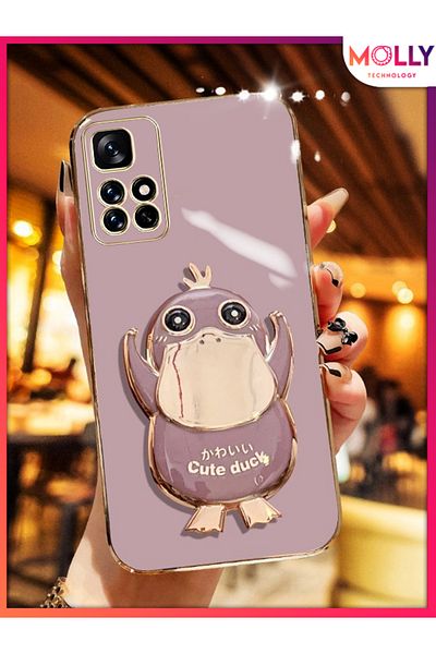 Molly Luxury Silicone Case for Xiaomi Redmi 10 2022 with Lilac Cute Duck Stand and Gold Detail on the Edges