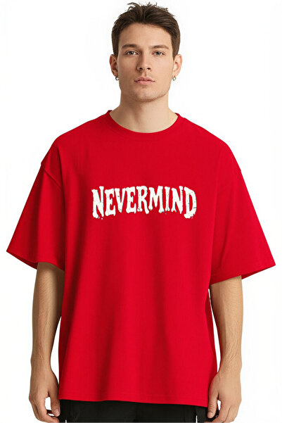 NEVERMIND Tricou unisex supradimensionat – Text în față și imprimare pe sticlă spartă cu vedere la oraș în spate