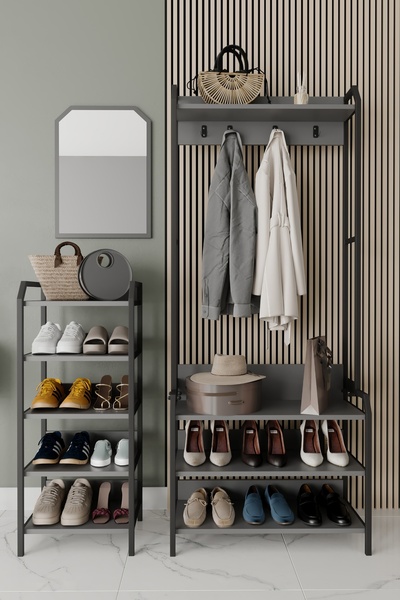 Remaks PLÜTON Portmanto Askılık Vestiyer Konfeksiyon Askısı Ayakkabılık Dolabı-ANTRASİT