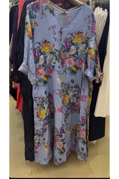 ITALY İtalyan Çiçekli Elbise Ham Keten Elbise