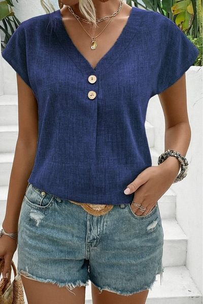MÇ Plus Women's Short Sleeve V Neck Buttoned Linen Blouse