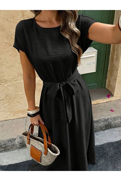 MODAVERA Women's Short Sleeve Boat Neck Aerobin Dress with Belt at Waist