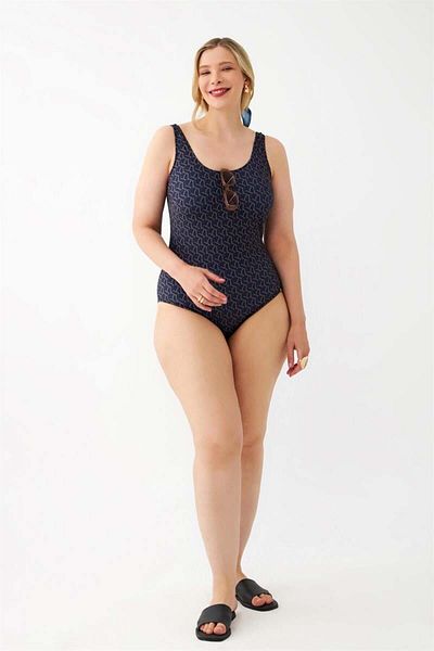 modaserdem Akbeniz Women's Navy Blue Geometric Patterned Large Size One Piece Swimsuit