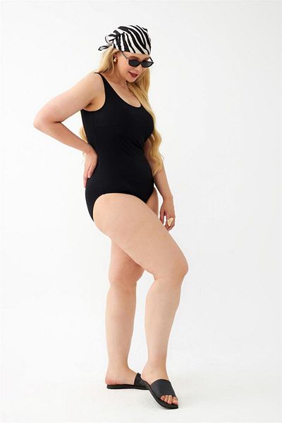 modaserdem Akbeniz Women's Black Large Size Plain One Piece Swimsuit