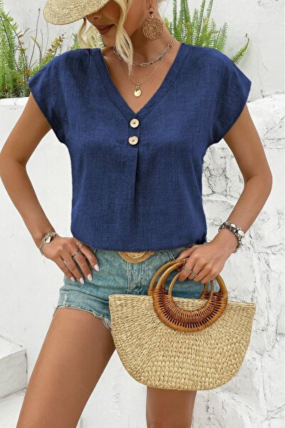 buğrahayalin Women's Short Sleeve V Neck Buttoned Linen Blouse