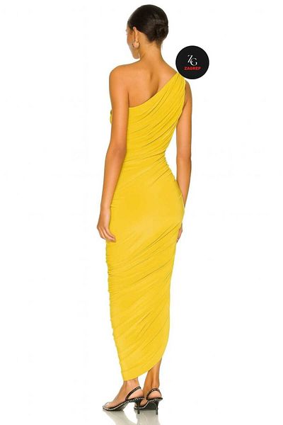 Zagrep Women's Yellow One Shoulder Draped Gathered Lined Zipper Midi Dress