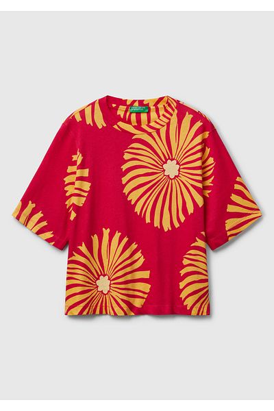 United Colors of Benetton Women's Fuchsia Linen Blend Boxy Fit Floral Print T-Shirt