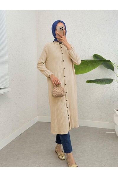 Modamorfo Long Crinkle Tunic with Button Sleeves and Elastic Sleeves - Beige