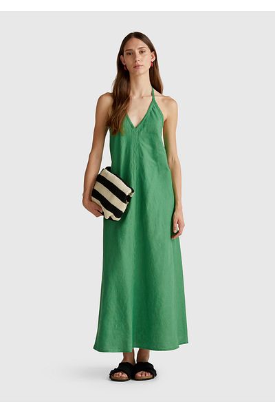 United Colors of Benetton Women's Green 100% Linen Backless Long Dress