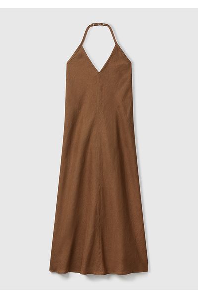 United Colors of Benetton Women's Brown 100% Linen Backless Long Dress