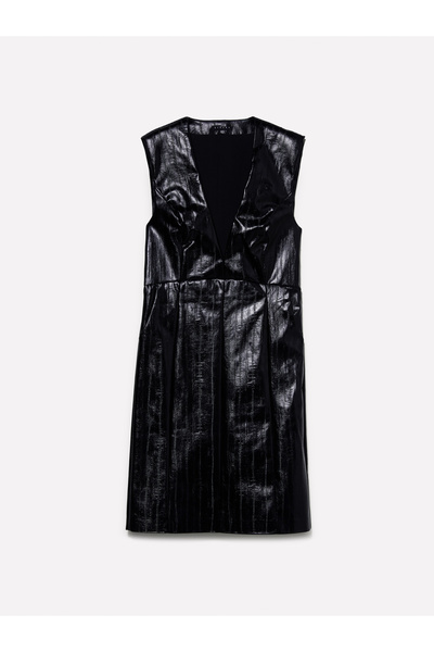 Sisley Women's Black Viscose Blended Hidden Zipper Sleeveless Deep V Neck Dress