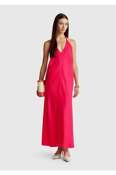 United Colors of Benetton Women's Fuchsia 100% Linen Backless Long Dress