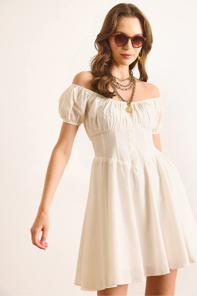 Olalook Women's White Carmen Collar Waist Corsage Detailed Lined Mini Flared Dress Elb-19002513