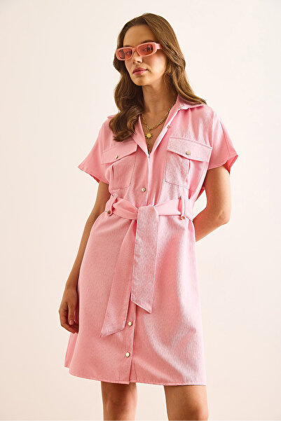 Olalook Women's Pink Marta Belted Pocket Mini Woven Shirt Dress Elb-19002503