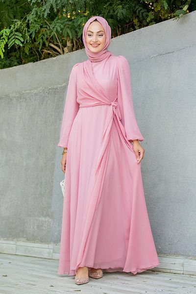 Tesettür Çarşım Delicate Matte Chiffon Hijab Evening Dress-Pink