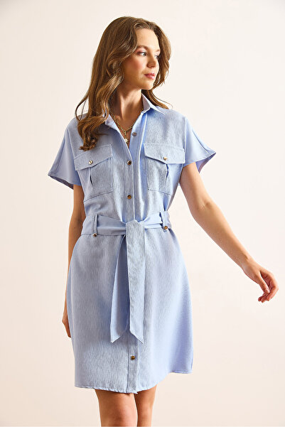 Olalook Women's Blue Marta Belted Pocket Mini Woven Shirt Dress Elb-19002503
