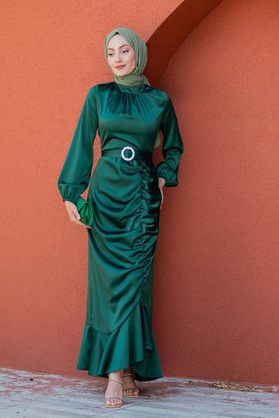 Tesettür Çarşım Swan Acetate Satin Evening Dress-Emerald