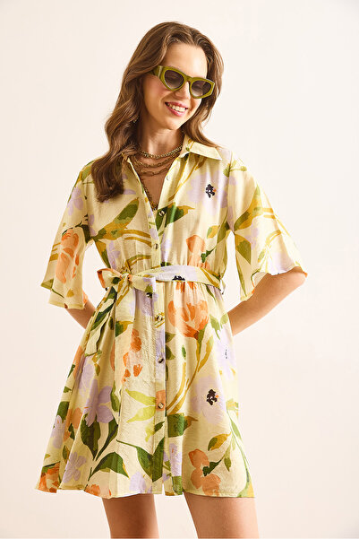 Olalook Γυναικείο Μίνι Πουκάμισο Φόρεμα με Πράσινη Ζώνη ELB-19002507