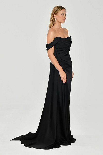ALFABETA Women's Off Shoulder Side Slit Satin Long Black Evening & Homecoming Dress Ab5649-Black