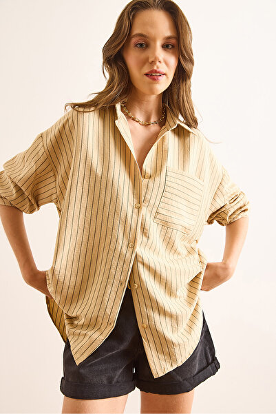 Olalook Women's Camel Striped Single Pocket Boyfriend Aerobin Shirt Gml-19001379