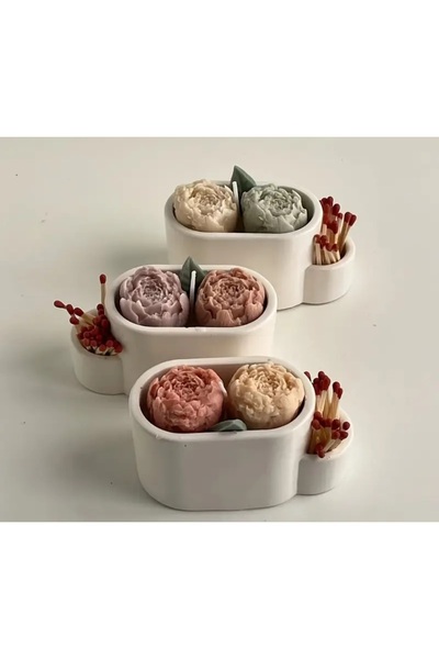 yağmur candle Kibritlikli Gül & Yaprak Mum Seti | El Yapımı Beton Kapta Dekor...