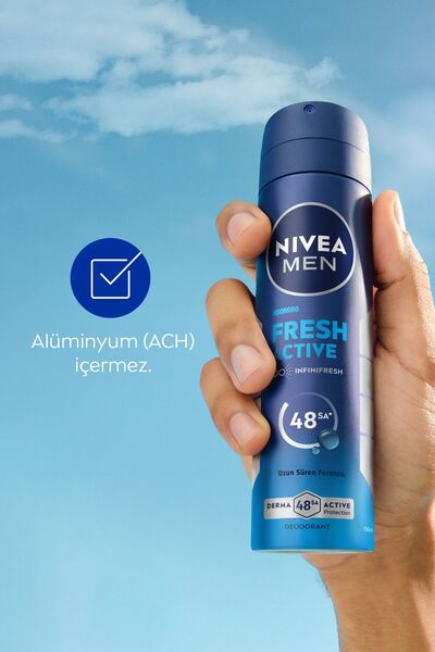 NIVEA MEN Erkek Sprey Deodorant Fresh Active 150ml, Ter Kokusuna Karşı 48 Saat Koruma,Alüminyumsuz,X3 Adet
