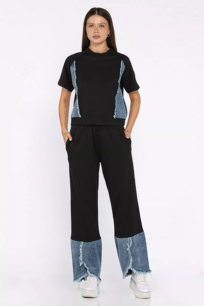 GÜLSELİ Negru-albastru bleumarin pentru femei, garnituri de blugi, tricou cu ciucuri, pantaloni, set din două piese