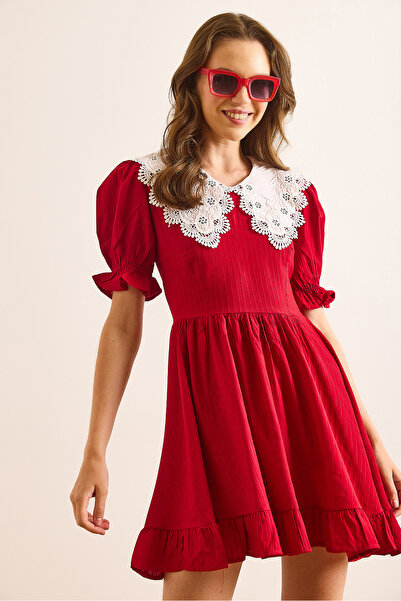 Olalook Kadın Kırmızı Bebe Yaka Mini Dökümlü Elbise ELB-19002508