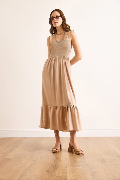 Olalook Women's Stone Strap Gipeli Midi Woven Viscose Dress Elb-19002102