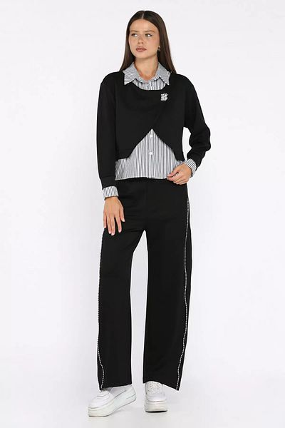 GÜLSELİ Black Women's Shirt Garnished Blouse Palazzo Pants Double Set