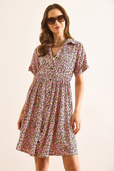 Olalook Women's Pink Elastic Waist Pleated Detail Mini Viscose Shirt Dress Elb-19002506