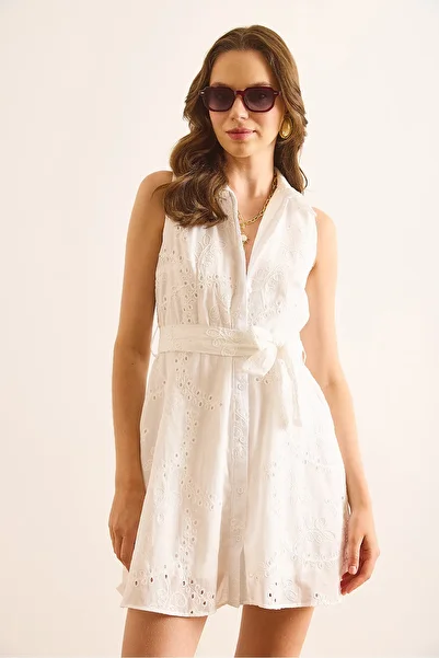 Olalook Women's White Lined Belted Mini Fisto Shirt Dress Elb-19002500