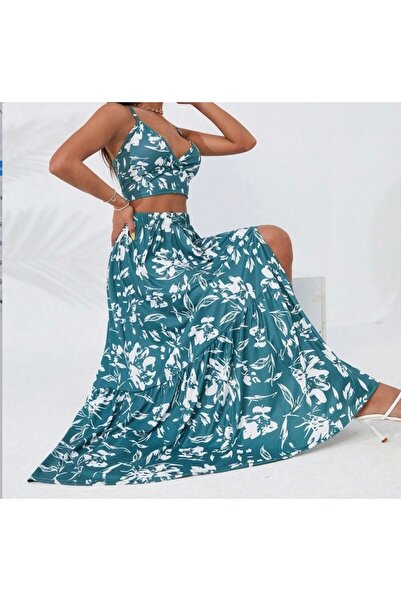 isez Women's Thin Straps Floral Print Patterned Crop Slit Skirt Double Single Jersey Suit