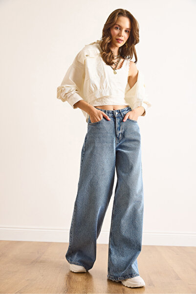 Olalook Kadın Mavi Düşük Bel Wide Leg Jean JEA-19000119