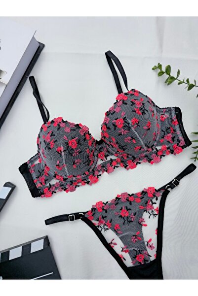 SİLVER MİRROR Black Red Flower Detailed Push up Bra Set