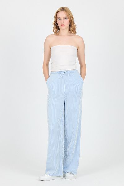Rays Blue Elastic Waist Striped Wide Leg Woven Trousers 4098