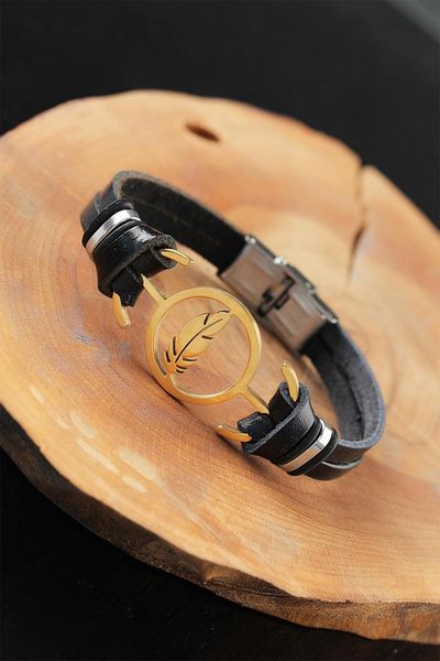 Celira Black Leather Men's Bracelet with Gold Color Leaves and Metal Accessories