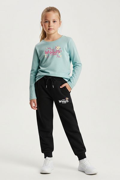 FYK KİDS Zero Collar Woods Printed Girl's Bottom-Up Set