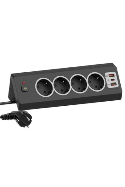 Adsinio Priză de colț, Adsinio, 4 prize Schuko, 2 porturi USB-A, 1 port USB-C, 220-240V, 16A, Negru
