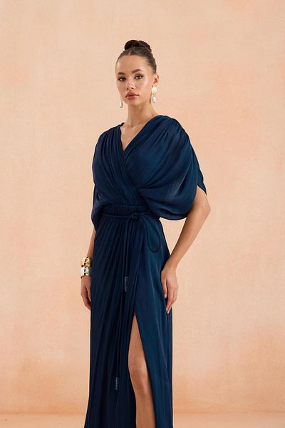 Carmen Navy Blue Slit Belted Organza Evening Dress
