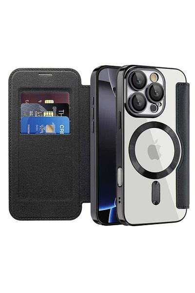 SKYDDAR INNOVATION Case for iPhone 16 Pro, SmartMag Book, Magsafe, RFiD, Card Holder, sticker set, Black