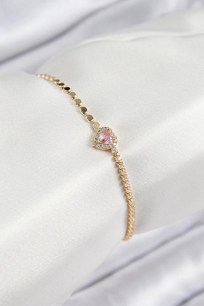 Celira Brass Zircon Stone Heart Model Crushed Chain Gold Color Women's Bracelet