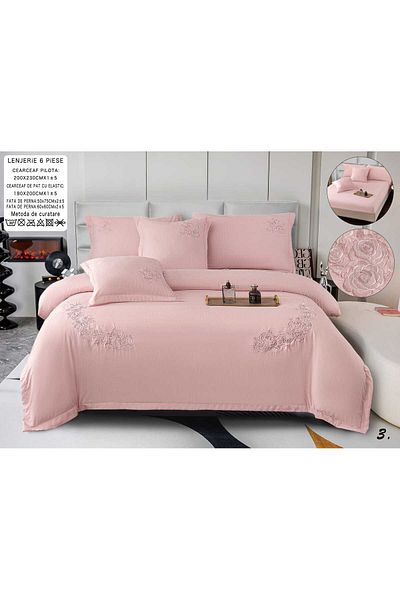 trendyhome Bed Linen, Fine Smooth Cotton, Embroidery, 6 Pieces, Plain, Pink, P23685-Elastic