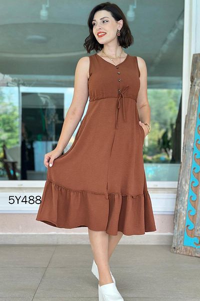 İnce Topuk Zero Sleeve Button Detail Aerobin Fabric Dress 5Y488